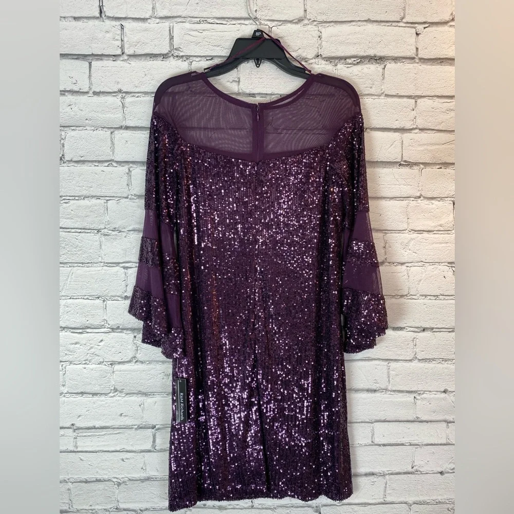 R&M Richards Women's Purple Sequin Knee Length Dress Bell Sleeve Size 8 Petite